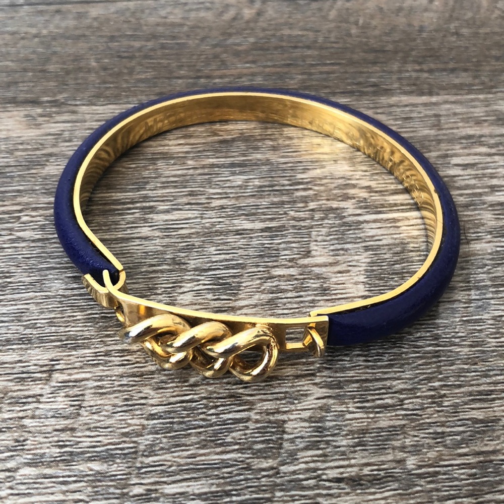 Mannelli 24kt Plated Bangle with blue genuine leather.